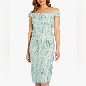 Adrianna Papell‎ Embroidered Off Shoulder Tailored Dress, Sea Glass size 16P new
